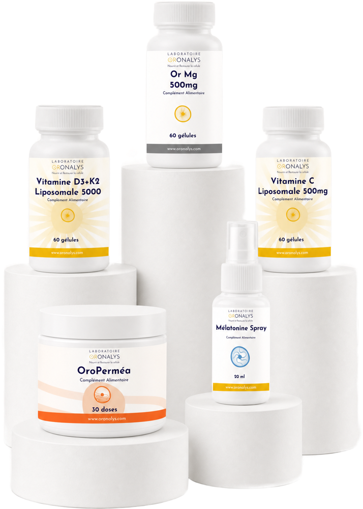 Gamme Oronalys : OroPerméa, Vitamine D3+K2, Or Mg, Vitamine C, Mélatonine spray